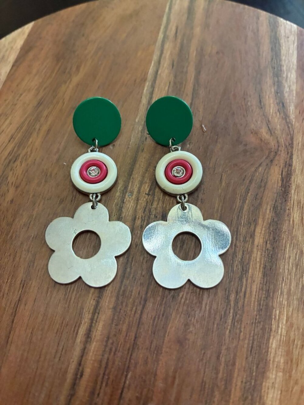 Vintage Silver Flower Earrings with Pink and White Accents